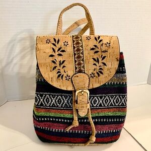 Natural Cork Aztec Textile Backpack Laser-Cut Accents Eco Friendly Vegan Boho